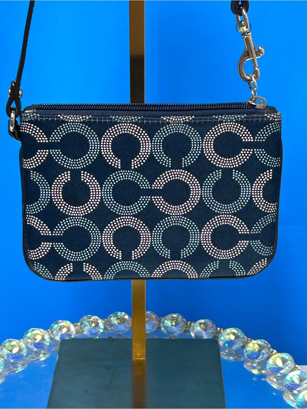 Coach Navy Signature Small Wristlet w/Silver Dot Pattern Approximately 6 x 7.5